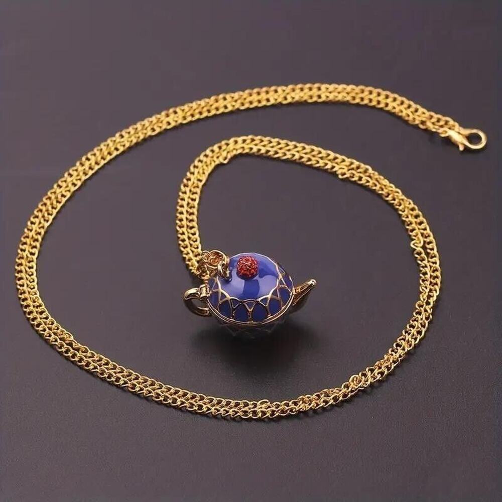 Cobalt Blue Enamel Painted Teapot Tea Pot Charm Pendant Yellow Gold-Tone - Picture 5 of 15